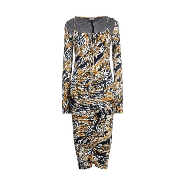 Versace Jeans Couture multicolor print pencil midi dress in stretch viscose jersey featuring a deep frilled neckline and long sleeves available at Lestyle Boutique 136 Little Collins St