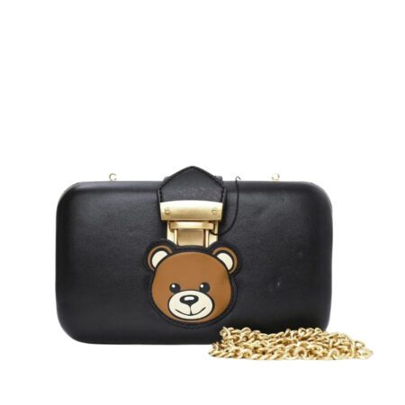 Moschino black leather crossbody bag featuring a multicolor Teddy Bear appliqué on the flap and a gold-tone chain strap, Made in Italy, available at Lestyle Boutique 136 Little Collins St.