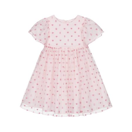 Moschino Kids girls' pink tulle dress with cotton lining, featuring a round neck, flutter sleeves, and an all-over logo and hearts print, available at Lestyle Boutique 136 Little Collins St.