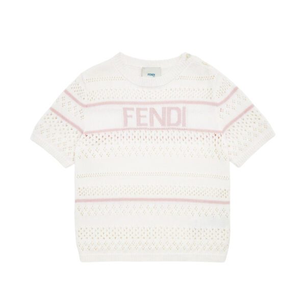 Fendi Kids junior white crochet knit cotton T shirt featuring pink horizontal stripes and pink Fendi logo Made in Italy available at Lestyle Boutique 136 Little Collins St