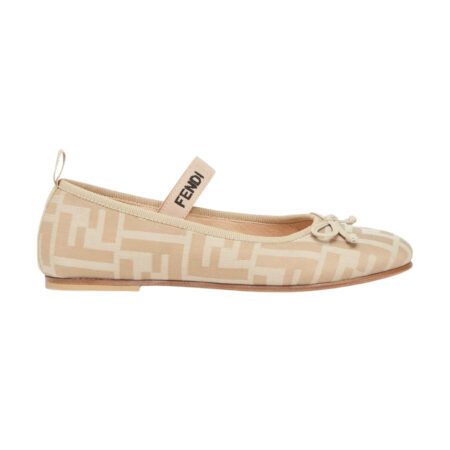 Fendi Kids junior beige ballet flats in FF logo jacquard fabric with leather lining, featuring a front bow detail and nude elastic instep strap, Made in Italy, available at Lestyle Boutique 136 Little Collins St.
