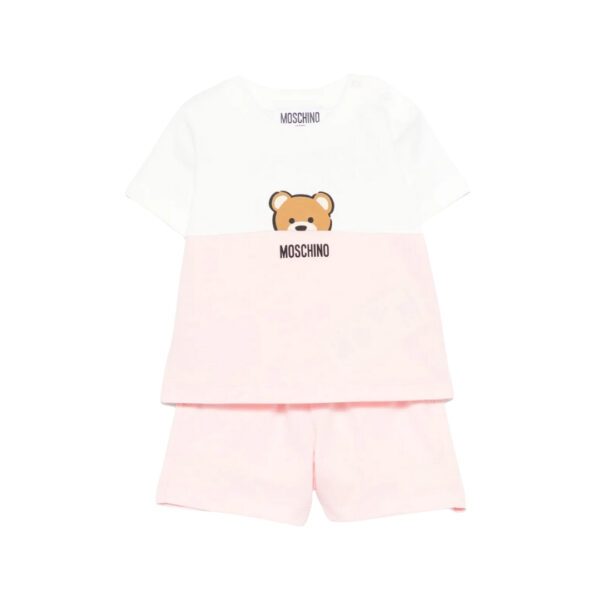 Moschino KidsBaby two piece set including a color block whitepink t shirt with Teddy Bear print and matching pink shorts available at Lestyle Boutique 136 Little Collins St