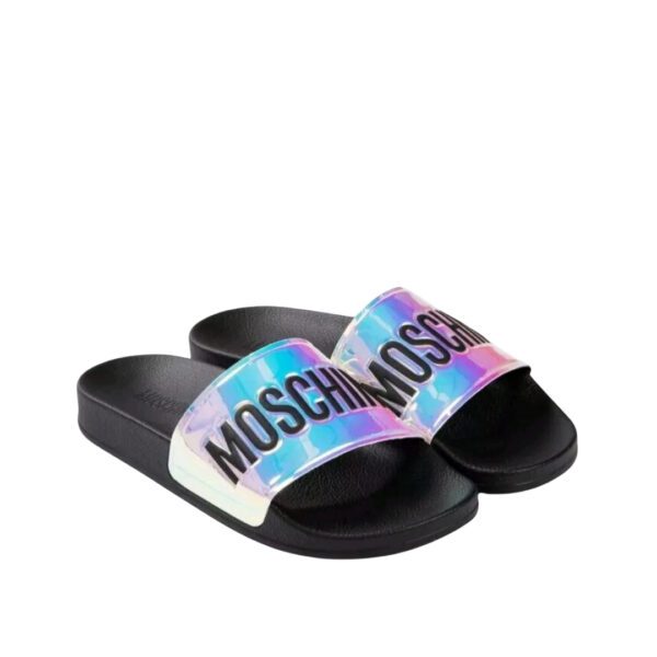 Moschino black slides featuring a wide iridescent holographic strap with black Moschino logo text available at Lestyle Boutique 136 Little Collins St