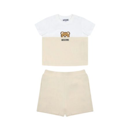 Moschino Kids/Baby two-piece set including a color-block (white/beige) t-shirt with Teddy Bear print and matching beige shorts, available at Lestyle Boutique 136 Little Collins St.