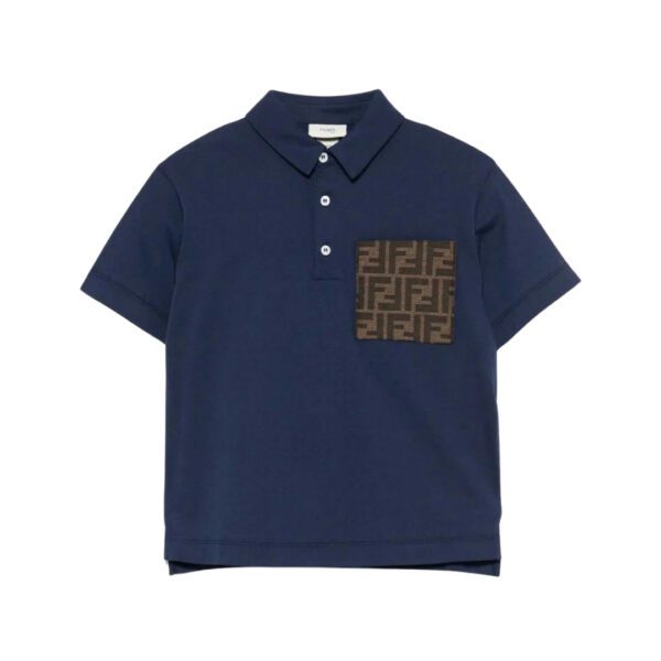 Fendi Kids boys navy blue polo shirt featuring a contrast FF logo print chest pocket short sleeves and polo collar available at Lestyle Boutique 136 Little Collins St