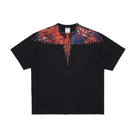 Marcelo Burlon County of Milan men's black cotton jersey t-shirt with a crew neck, short sleeves, and the signature Bandana Wings print in red and multi-color across the shoulders and chest, available at Lestyle Boutique 136 Little Collins St.