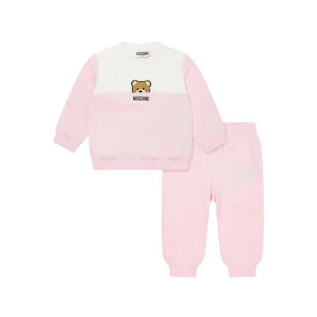 Moschino Kids/Baby two-piece set including a color-block (white/pink) sweatshirt with Teddy Bear print and matching pink pants with ribbed cuffs, available at Lestyle Boutique 136 Little Collins St.