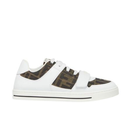 Fendi Kids junior sneakers with tobacco FF logo jacquard fabric and white leather details, featuring a Velcro strap closure, Made in Italy, available at Lestyle Boutique 136 Little Collins St.