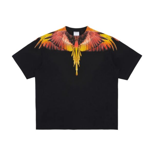 Marcelo Burlon County of Milan mens black cotton jersey t shirt with a crew neck short sleeves and the signature Icon Wings print in amber and orange tones across the shoulders and chest available at Lestyle Boutique 136 Little Collins St