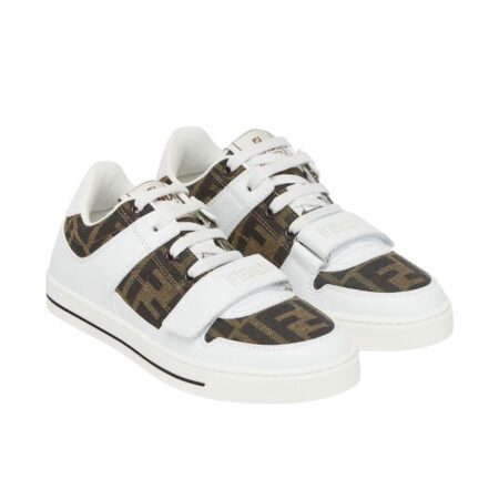 Fendi Kids junior sneakers with tobacco FF logo jacquard fabric and white leather details, featuring a Velcro strap closure, Made in Italy, available at Lestyle Boutique 136 Little Collins St.
