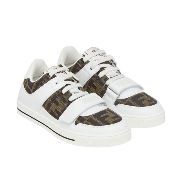 Fendi Kids junior sneakers with tobacco FF logo jacquard fabric and white leather details featuring a Velcro strap closure Made in Italy available at Lestyle Boutique 136 Little Collins St