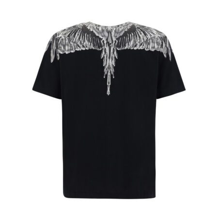 Marcelo Burlon men's black cotton t-shirt with a ribbed crew neck, short sleeves, regular fit, and the signature monochrome Icon Wings print across the shoulders and chest, available at Lestyle Boutique 136 Little Collins St.