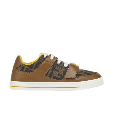 Fendi Kids junior sneakers with tobacco FF logo jacquard fabric and brown leather details, featuring a Velcro strap closure, Made in Italy, available at Lestyle Boutique 136 Little Collins St.
