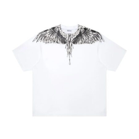 Marcelo Burlon County of Milan men's white cotton jersey t-shirt with a crew neck, short sleeves, and the signature monochrome Icon Wings print in dark grey/black across the shoulders and chest, available at Lestyle Boutique 136 Little Collins St.