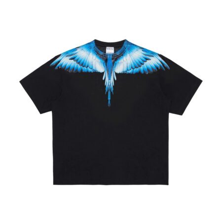 Marcelo Burlon County of Milan black t-shirt with a crew neck, short sleeves, and the signature Wings print in shades of blue across the shoulders and chest, available at Lestyle Boutique 136 Little Collins St.