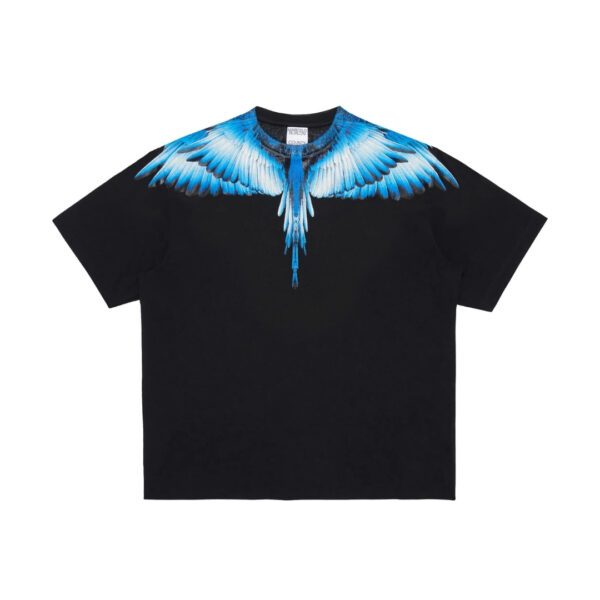 Marcelo Burlon County of Milan black t shirt with a crew neck short sleeves and the signature Wings print in shades of blue across the shoulders and chest available at Lestyle Boutique 136 Little Collins St
