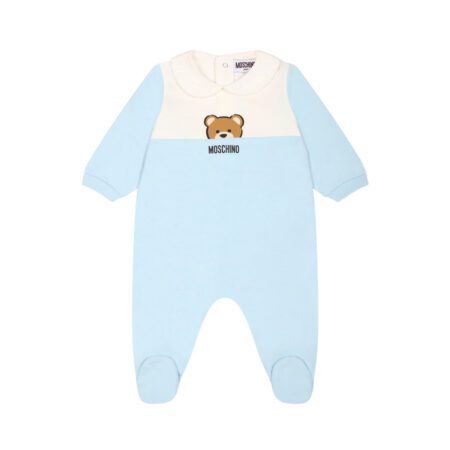 Moschino Kids Baby light blue organic cotton footed babygrow featuring a color-block design with white/cream chest panel, Peter Pan collar, long sleeves, snap closure, and Teddy Bear print, available at Lestyle Boutique 136 Little Collins St.