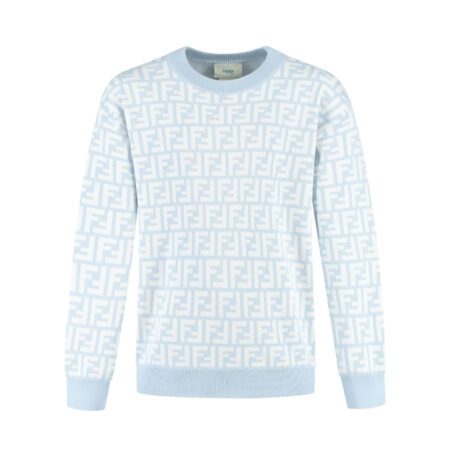 Fendi Kids baby blue pique knit sweater in a viscose-cotton blend, featuring a tone-on-tone all-over FF logo pattern and ribbed trims, Made in Italy, available at Lestyle Boutique 136 Little Collins St.