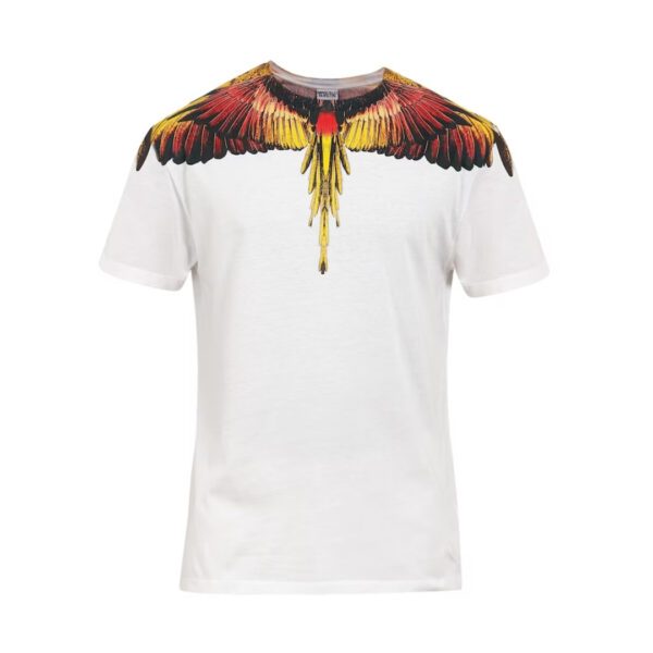 Marcelo Burlon mens white cotton t shirt with a crew neck half sleeves and the signature colorful Icon Wings print across the shoulders and chest available at Lestyle Boutique 136 Little Collins St