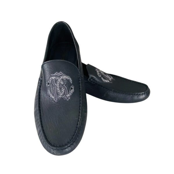 Roberto Cavalli mens loafers in night blue textured leather featuring a slip on design and brand logo detail on the vamp available at Lestyle Boutique 136 Little Collins St