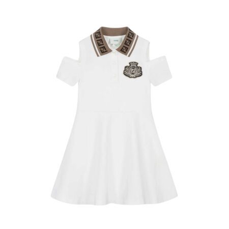Fendi Kids white cotton polo dress for girls featuring an FF logo collar, short sleeves, and a Fendi crest logo patch on the chest, available at Lestyle Boutique 136 Little Collins St.
