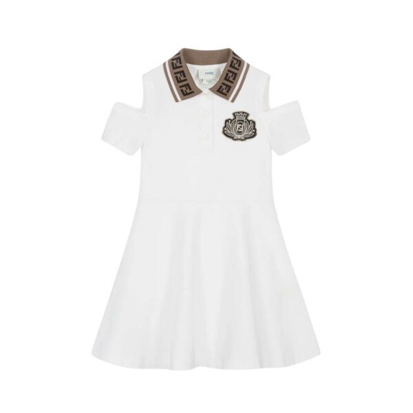 Fendi Kids white cotton polo dress for girls featuring an FF logo collar short sleeves and a Fendi crest logo patch on the chest available at Lestyle Boutique 136 Little Collins St