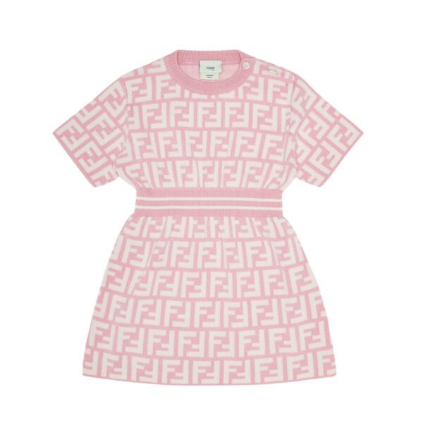 Fendi Kids pink cotton jersey baby dress featuring an all over FF logo print short sleeves and round neck Made in Italy available at Lestyle Boutique 136 Little Collins St