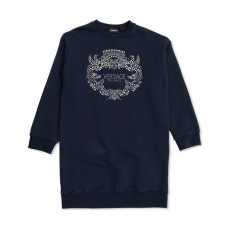 Versace Kids navy blue cotton sweatshirt featuring a pink logo print to the front, Medusa Head motif on the long sleeves, crew neck, and ribbed trim, available at Lestyle Boutique 136 Little Collins St.