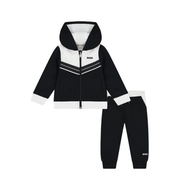 BOSS black and white soft cotton blend tracksuit for baby and younger boys featuring a hooded zip up top with a white panel and embroidered logo and matching joggers with an embroidered logo available at Lestyle Boutique 136 Little Collins St