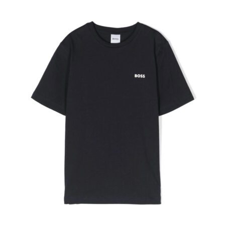 BOSS Kidswear black cotton t-shirt for boys featuring a white embossed logo on the chest, crew neck, and short sleeves, available at Lestyle Boutique 136 Little Collins St.