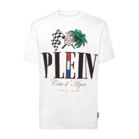 Philipp Plein white cotton jersey t-shirt with a round neck, short sleeves, "Cote D Azur Plam" graphic print on the front, and a logoed patch on the yoke, available at Lestyle Boutique 136 Little Collins St.