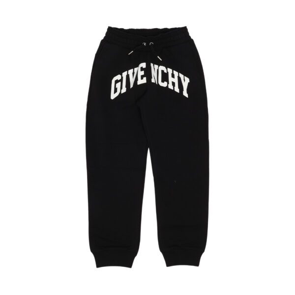 Givenchy boys black cotton blend jogger trousers from the Winter 2425 collection featuring a white printed logo on the front drawstring waistband and cuffed ankles available at Lestyle Boutique 136 Little Collins St