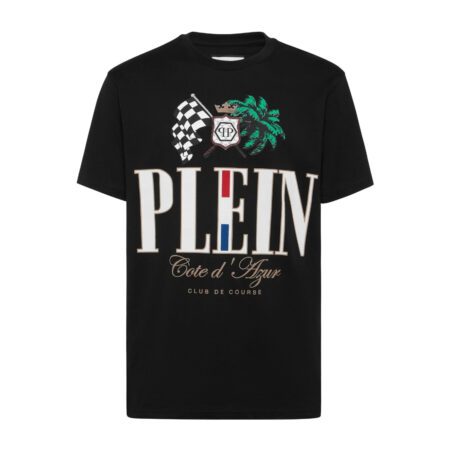 Philipp Plein black cotton jersey t-shirt with a round neck, short sleeves, multi-color "Cote D Azur Plam" graphic print on the front, and a logoed patch on the yoke, available at Lestyle Boutique 136 Little Collins St.