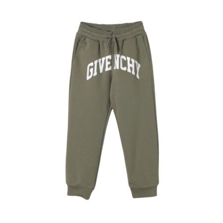 Givenchy olive green jogger trousers featuring a large white 'GIVENCHY' logo printed on the front, drawstring waistband, and cuffed ankles, available at Lestyle Boutique 136 Little Collins St.