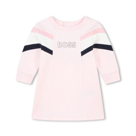 BOSS Kidswear light pink, navy blue, and white organic cotton blend long-sleeve dress with a logo print on the front, stripe detailing on the sleeves, and rear press-stud fastening, available at Lestyle Boutique 136 Little Collins St.