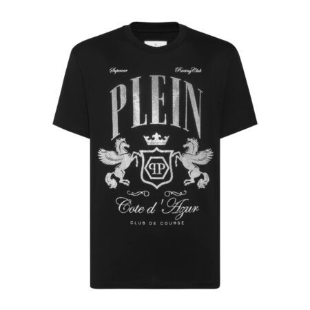 Philipp Plein black cotton jersey t-shirt with a round neck, short sleeves, and a "Cote D Azur Stones" rhinestoned pattern print on the front, available at Lestyle Boutique 136 Little Collins St.