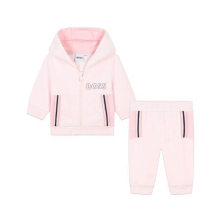 BOSS Kidswear light pink organic cotton blend tracksuit set featuring stripe detailing, a logo print to the rear of the top, elasticated waistband and ankles on the pants, available at Lestyle Boutique 136 Little Collins St.