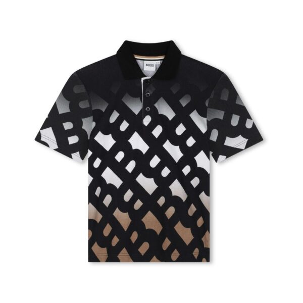 BOSS boys black cotton pique short sleeved polo shirt with a large brown and white ombré effect monogram print available at Lestyle Boutique 136 Little Collins St