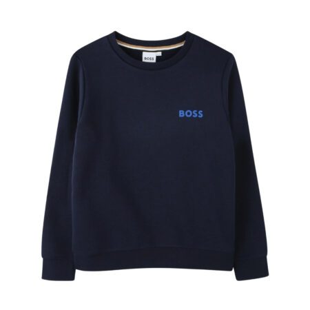 BOSS boys navy logo sweatshirt, an AW2024 deluxe addition, featuring a blue logo on the chest and striped inner neck trim, crafted from superior quality fabrics, available at Lestyle Boutique 136 Little Collins St.