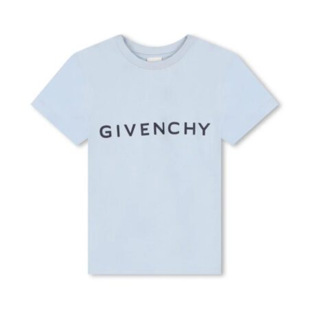 Givenchy light blue t-shirt featuring a dark 'GIVENCHY' logo printed on the chest, crew neck, and short sleeves, available at Lestyle Boutique 136 Little Collins St.