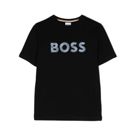 Boss Kids black 100 cotton t shirt with a textured print logo on the front crew neck and short sleeves available at Lestyle Boutique 136 Little Collins St