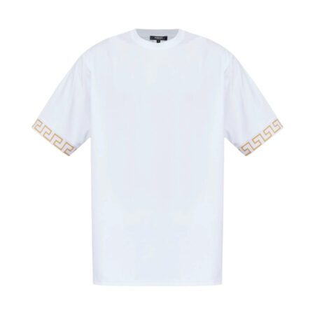 Versace white cotton t-shirt with a Greca motif on the short sleeves, crew neck, and straight hem, Made in Italy, available at Lestyle Boutique 136 Little Collins St.