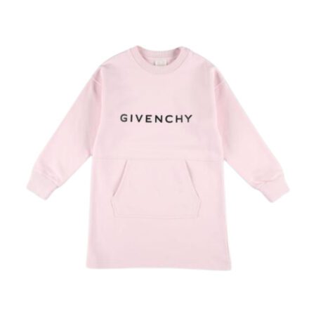 Givenchy kids rose pink long-sleeve dress with a chest logo print and large front pocket, available at Lestyle Boutique 136 Little Collins St.