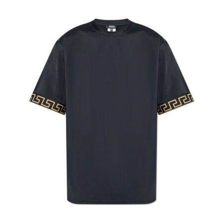 Versace black beach T-shirt made from smooth and lightweight material, featuring gold Greca meander motif on the short sleeves, a round neckline, and a gold "VERSACE" logo on the back, available at Lestyle Boutique 136 Little Collins St.