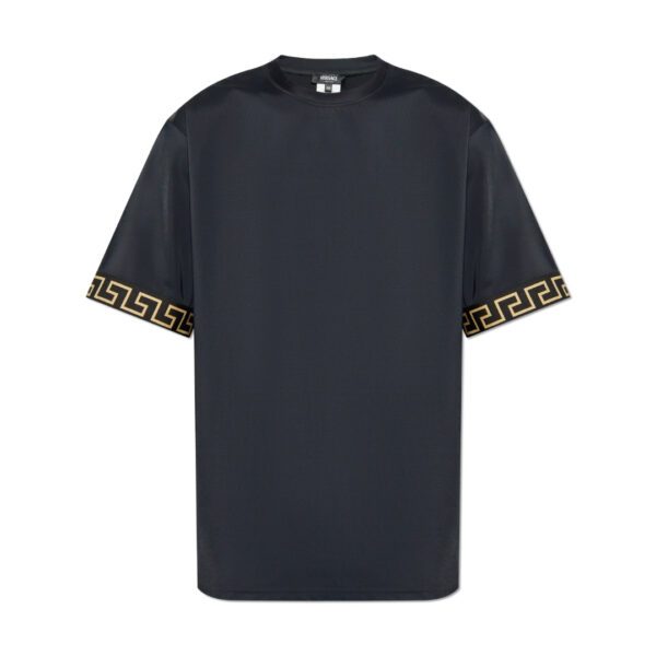 Versace black beach T shirt made from smooth and lightweight material featuring gold Greca meander motif on the short sleeves a round neckline and a gold VERSACE logo on the back available at Lestyle Boutique 136 Little Collins St