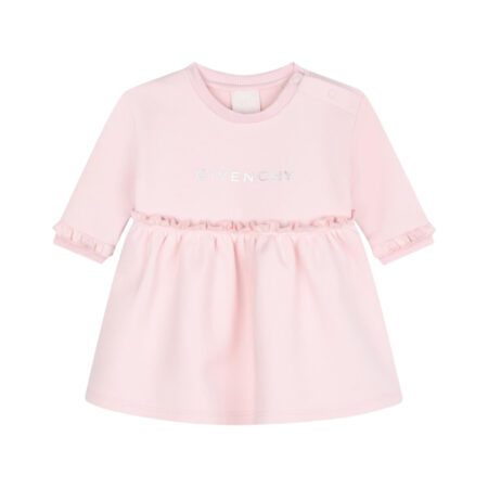 Givenchy Baby Girls pale pink cotton jersey dress with a warm fleecy inside, ruffle trims, silver logo details, and popper fastenings on one shoulder, available at Lestyle Boutique 136 Little Collins St.