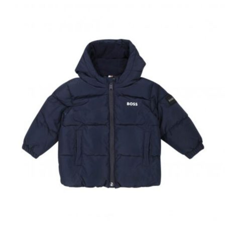 BOSS Kids baby boy's blue 100% polyester hooded jacket with a logo on the chest, side pockets, and zip fastening, from the Autumn/Winter collection, available at Lestyle Boutique 136 Little Collins St.