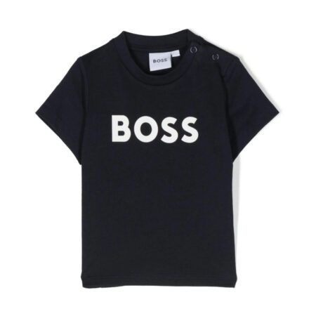 BOSS Kidswear navy blue cotton jersey knit baby t-shirt with a logo print on the front, crew neck, and short sleeves, available at Lestyle Boutique 136 Little Collins St.