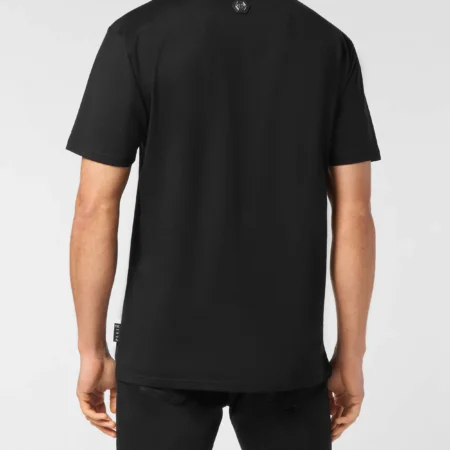 Philipp Plein black cotton jersey t-shirt with a round neck, short sleeves, white "Club The Course" and crest pattern print on the front, and a logoed patch at the yoke, available at Lestyle Boutique 136 Little Collins St.