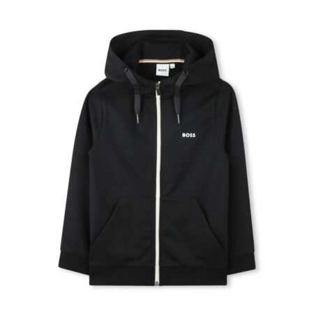 BOSS Kidswear black cotton blend fleece zip-up hoodie with a logo print at the chest, drawstring hood with contrast lining, and front pouch pockets, available at Lestyle Boutique 136 Little Collins St.